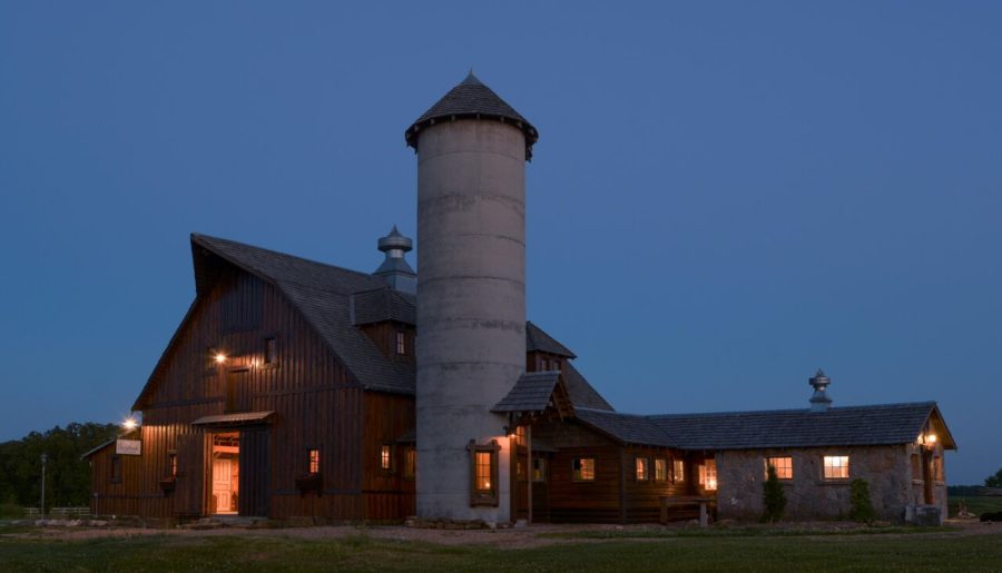 Storybook Barn Near Springfield Missouri, lit up at night,